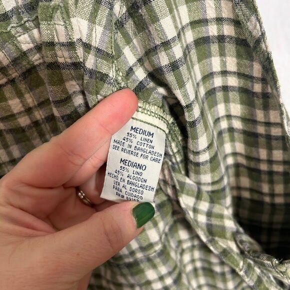 VTG 90s Plaid Linen Blend Overall Shorts Shortalls Womens M Green Granola Camp - Picture 9 of 9